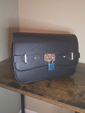 Black Pebbled Vegan Leather Crossbody Bag with Gold Hardware
